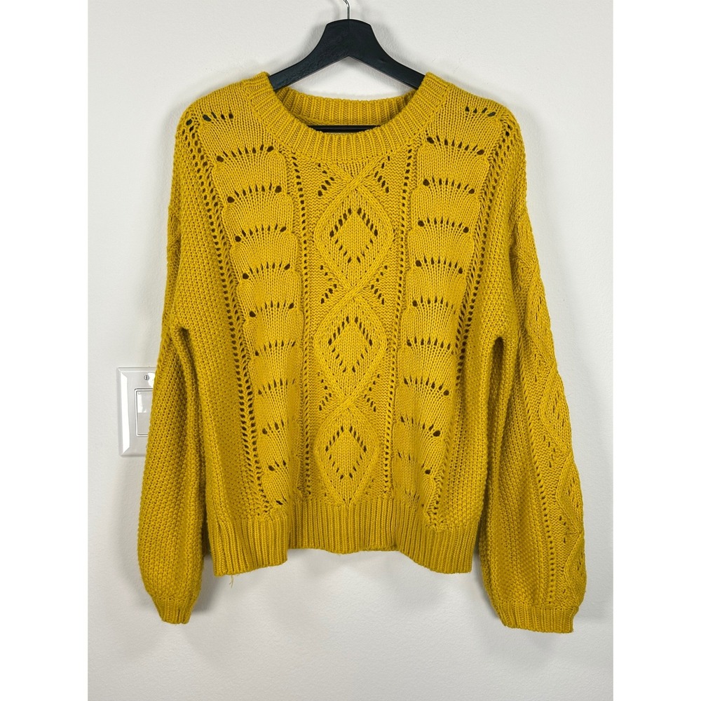 Yellow Cable Knit Sweater Womens S Crew Neck Puff Sleeve Granola Indie Boho